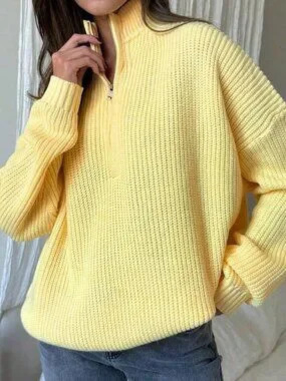 Yellow Women's Casual Ribbed Long Sleeve Sweater